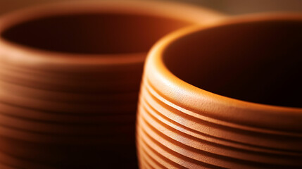 Close-up view of handcrafted terracotta pots emphasizing texture and craftsmanship. Generative AI