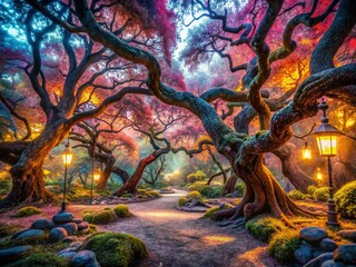 Surreal Park: Twisted Trees & Dreamlike Landscape - Fantasy Nature Stock Photo