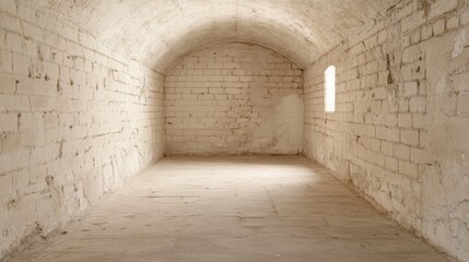 Fototapeta premium Empty, arched, whitewashed brick room with small window.