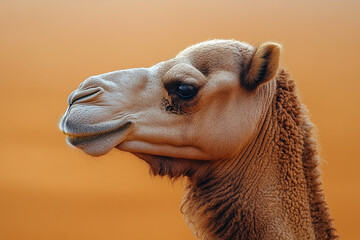 Obraz premium Dromedary Camel Profile Against Sandy Background