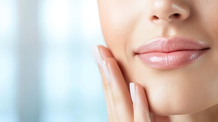 Fototapeta premium Close-up portrait of woman's lips and chin with soft natural makeup for skincare and beauty concepts