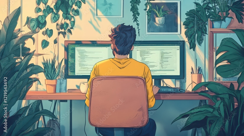 Poster a person is sitting in front of two computer screens surrounded by plants working