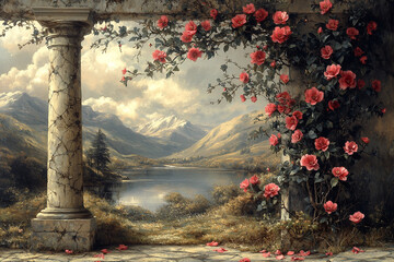 Romantic Roses Frame Mountain Lake View