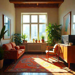 Fototapeta premium A bright and airy living room with warm orange accents, plants, and a cityscape view