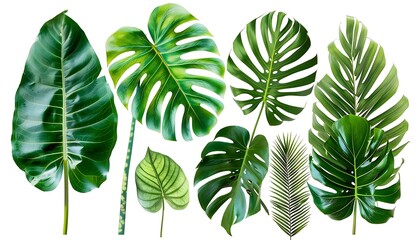 Set of monstera leaves isolated on white background. Flat lay, top view.
