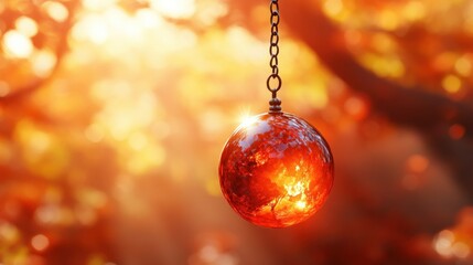 Autumn sun reflecting in hanging sphere, forest bokeh