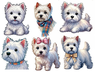 Six cute West Highland White Terriers in playful poses with accessories and scarves adorning their fluffy coats