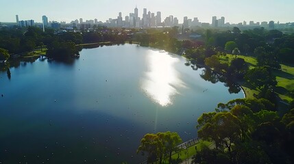 Aerial view of Chicago skyline at sunset, Illinois, USA.