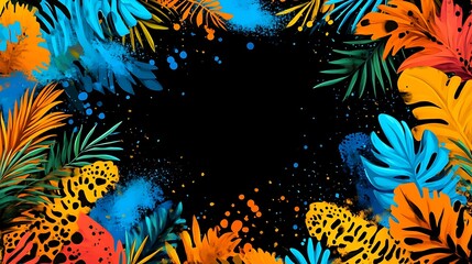 Obraz premium Vibrant Tropical Leaves Frame Black Background