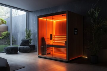 Relaxing wellness retreat with a modern infrared sauna in a serene indoor setting