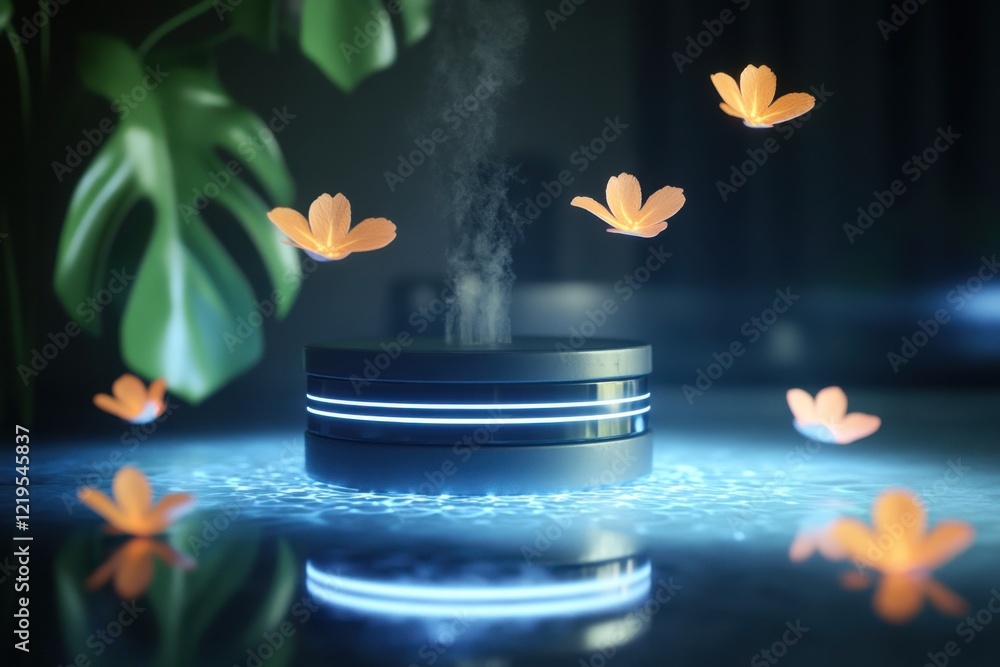 Poster decorative humidifier surrounded by floating flowers in a tranquil setting