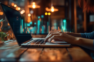 woman is typing on a laptop with a city skyline in the background. Concept of productivity and focus, as the woman is working on her computer in a busy urban environment