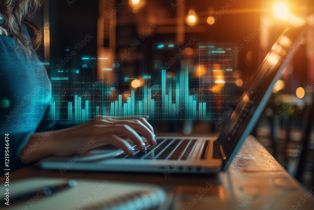 Poster woman is typing on a laptop with a screen that has a lot of numbers and graphs. the laptop is on a t