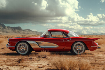 Classic Red Corvette Convertible in Desert Landscape