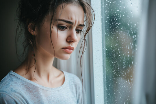 woman with wet hair and a sad expression looking out a window. The window is covered in raindrops, and the woman is wearing a gray shirt