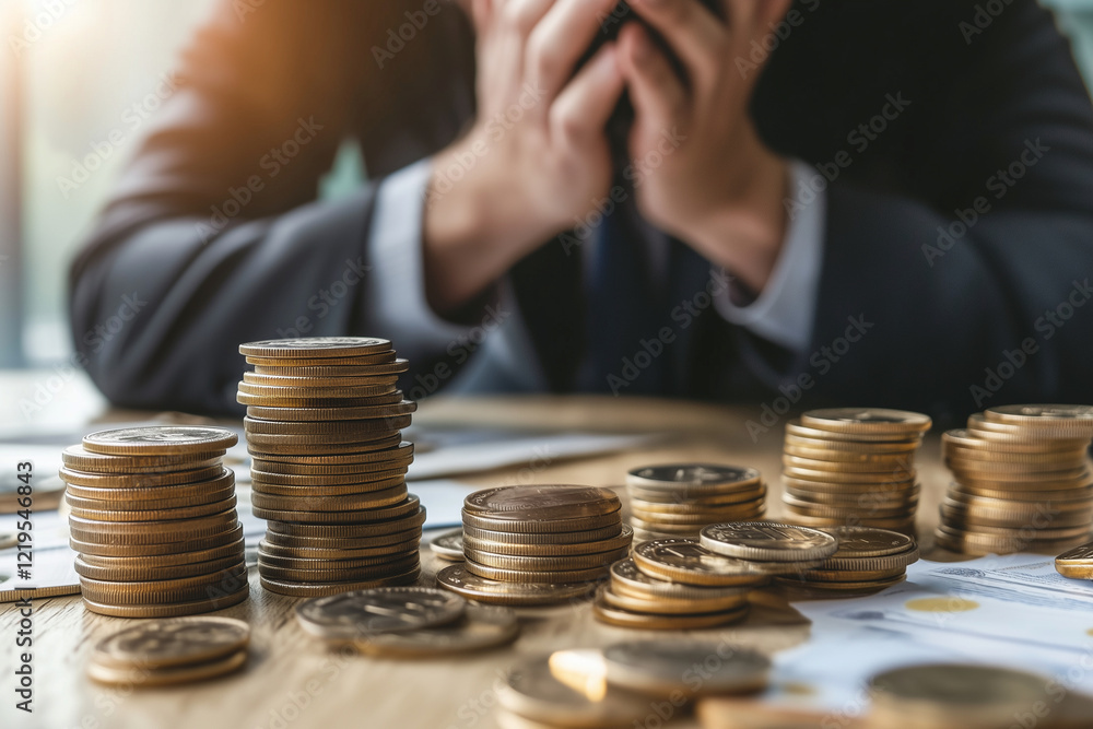 Poster man is sitting at a table with a pile of gold coins in front of him. he looks worried and is holding
