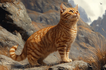 Obraz premium Orange Tabby Cat Perched on Mountain Rocks