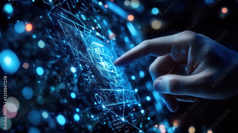 Poster a technician interacting with an augmented reality interface overlaying digital information onto phy