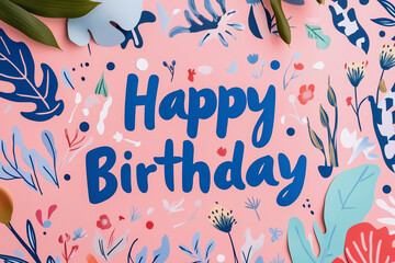 colorful background with flowers and leaves, and the words "Happy Birthday" written in blue. The image conveys a cheerful and celebratory mood, perfect for a birthday card