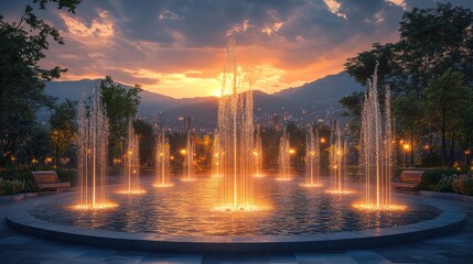 A futuristic digital landscape featuring abstract city structures and clouds,