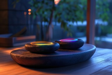 Colorful glowing stones placed on a wooden surface in a serene outdoor setting
