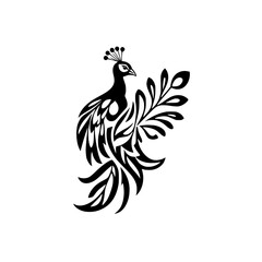 Elegant Peacock Bird: Black and White Floral Design, Ornate Feather Artwork, Wildlife Nature Illustration, Vintage Style Graphic, Decorative Symbol, Exotic Avian Beauty