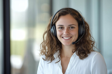 woman wearing a headset and smiling. She is wearing a white shirt. Concept of happiness and positivity