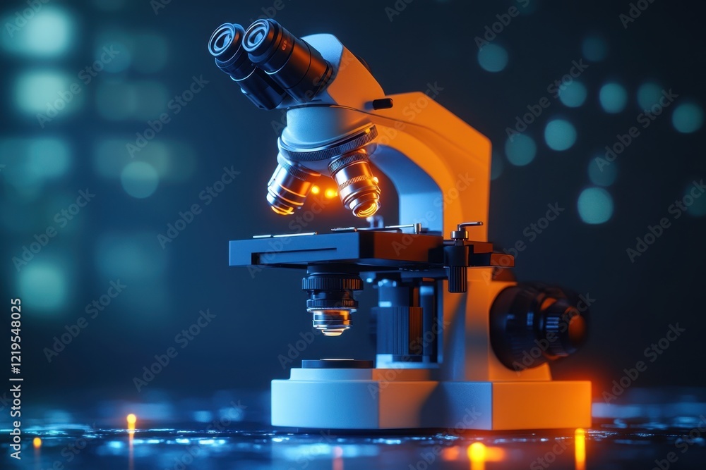 Poster modern laboratory microscope illuminated in a dark environment showcasing advanced technology