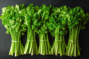 Five Bunches Of Fresh Green Celery Stalks