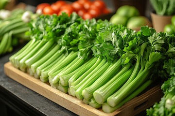 Obraz premium Fresh Green Celery Stalks on Wooden Tray
