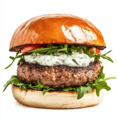 A juicy lamb burger with tzatziki sauce and arugula, isolated white background, modernist art style