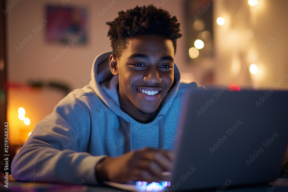 Poster young man is sitting at a table with a laptop in front of him. he is smiling and he is enjoying hims