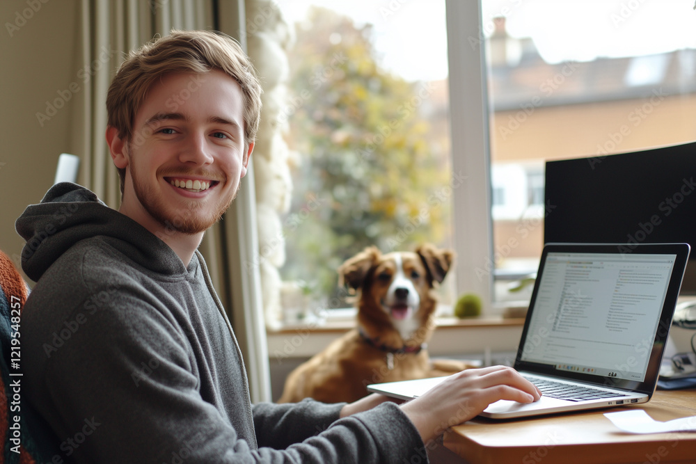 Aufkleber man is sitting at a desk with a laptop and a dog. he is smiling and he is happy