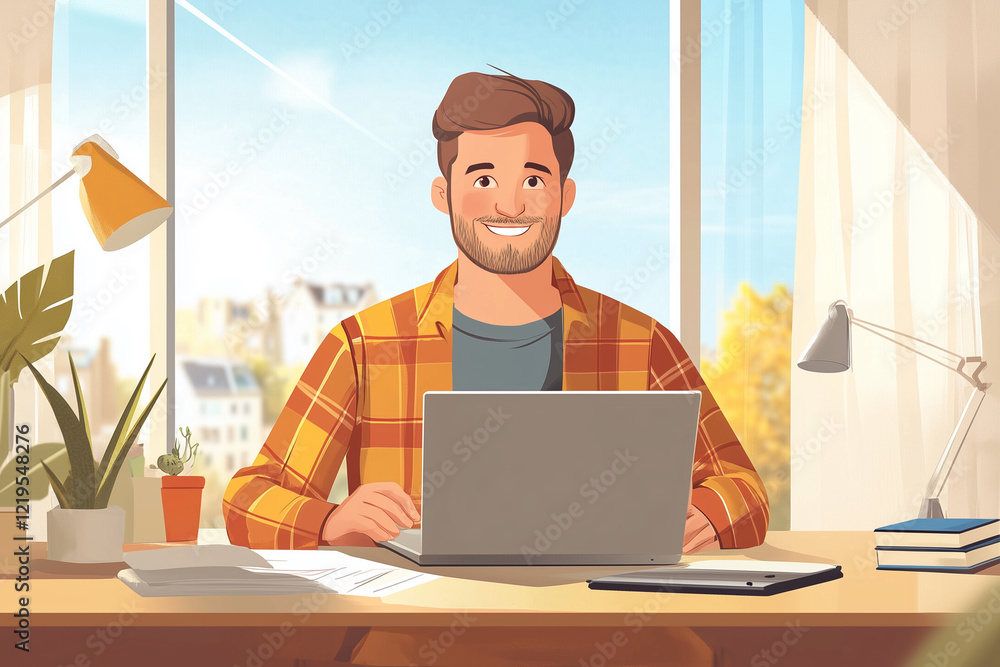 Poster man is sitting at a desk with a laptop in front of him. he is smiling and he is enjoying himself. th