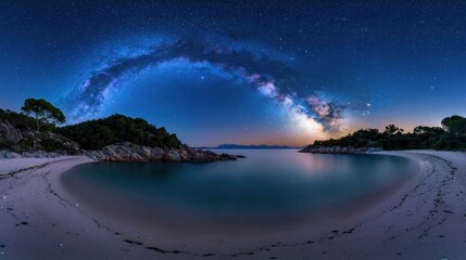 A beautiful night sky with a large, curved, glowing arc of stars