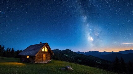 A small cabin is on a hillside with a beautiful view of the mountains