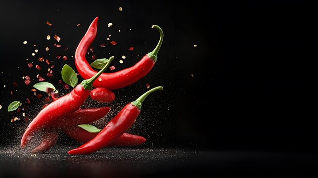 Red chili peppers, spice burst, black background, food advertising