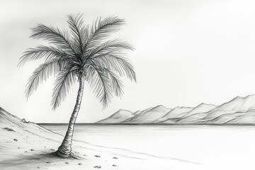 Lonely palm tree on beach, mountains background, tranquil scene, travel poster