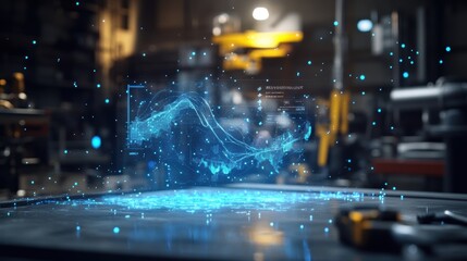 Closeup of an interactive AR graph appearing in front of a worker showing comparisons between past and present resource usage while tools and equipment blurred out in the background.