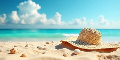 Obraz premium Straw hat on sandy beach with ocean and blue sky.
