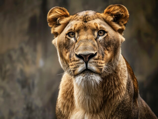 Obraz premium Close-up portrait of a lioness with intense gaze