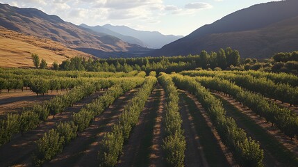Obraz premium Scenic View of an Orchard with Rows of Apple Trees and Mountains