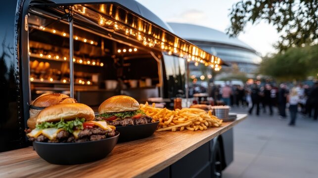 An inviting street food truck display featuring an assortment of delicious burgers and crispy fries, perfect for grabbing a quick bite in a lively outdoor atmosphere.