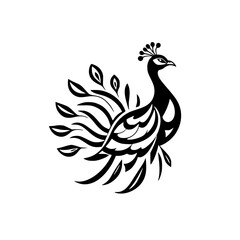 Fototapeta premium Elegant Peacock Bird: Black and White Feather Design, Wildlife, Nature, Abstract Art, Decorative Symbol, Vintage Illustration, Graphic Pattern