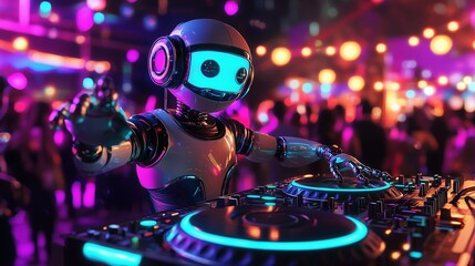 Futuristic Robot DJ at Night Club