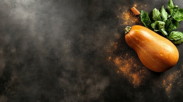 A whole butternut squash is artistically arranged with sprigs of green herbs and a dusting of spices, showcasing the rustic beauty of autumnal cooking.