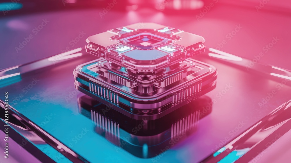 Aufkleber futuristic metallic device with glowing elements, layered design, reflecting on a glossy surface.