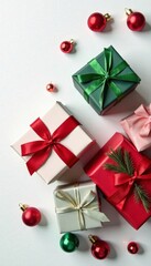 Colorful Christmas gift boxes on a white background with scattered baubles and a festive holiday feel, wrapping paper, Christmas gift boxes, presents