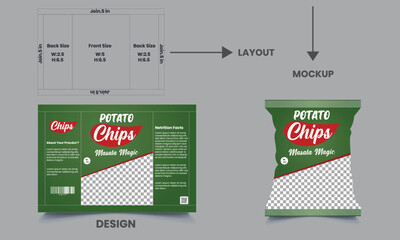 potato chips packaging template design, vector illustrations with mockup, crispy ripple potato chips,