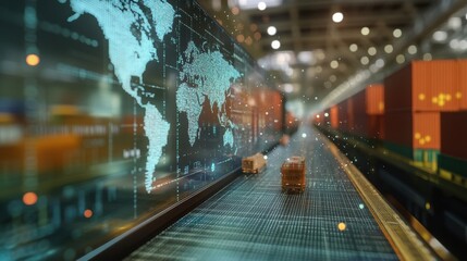 A detailed view of a digital map on a monitor illustrating streamlined shipping routes that terminate close to a factory showcasing significantly shortened distances and reduced transportation